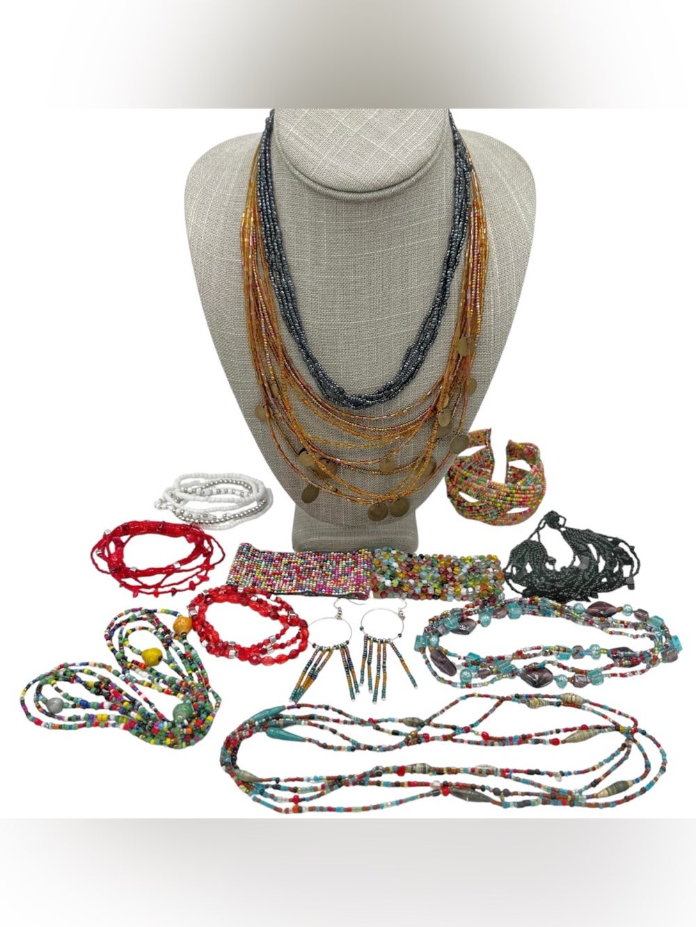 Lot of Colorful Seed Bead Jewelry Lot: Necklaces, Bracelets & Earrings